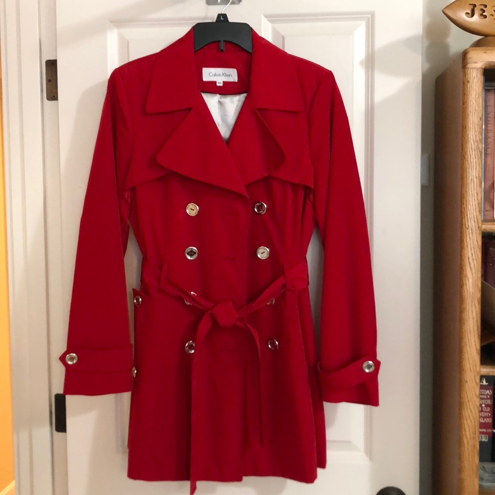 Bright red, Calvin Klein double-breasted jacket.
